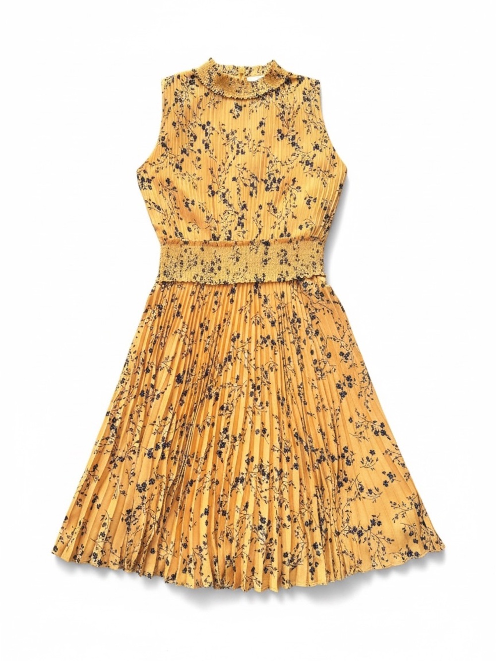 Nanette Lepore Mustard Yellow Floral Pleated Midi Dress